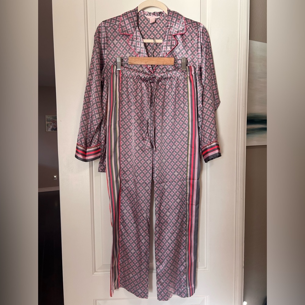 Victoria's Secret Pink Patterned Satin Pajama Set with Multicolor Stripes